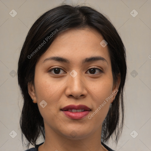 Joyful asian young-adult female with medium  brown hair and brown eyes