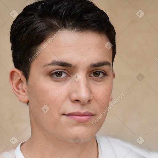 Joyful white young-adult female with short  brown hair and brown eyes