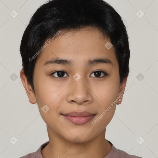 Joyful asian young-adult female with short  black hair and brown eyes