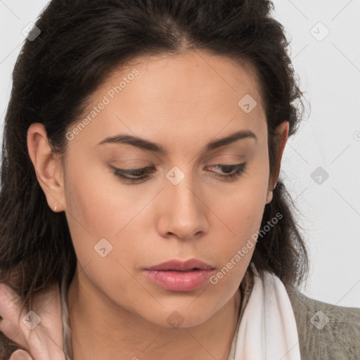 Neutral white young-adult female with medium  brown hair and brown eyes