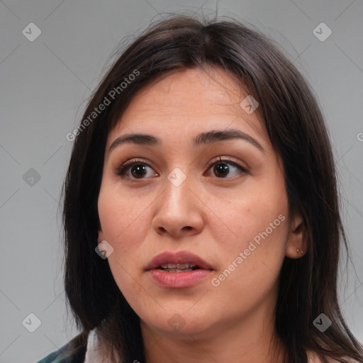 Neutral white young-adult female with medium  brown hair and brown eyes