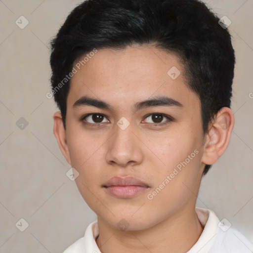 Neutral asian young-adult male with short  black hair and brown eyes