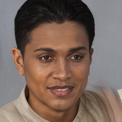 Joyful black young-adult male with short  brown hair and brown eyes