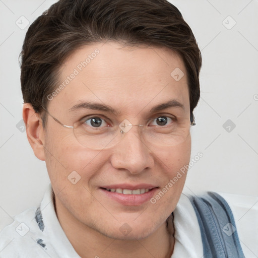 Joyful white adult female with short  brown hair and brown eyes