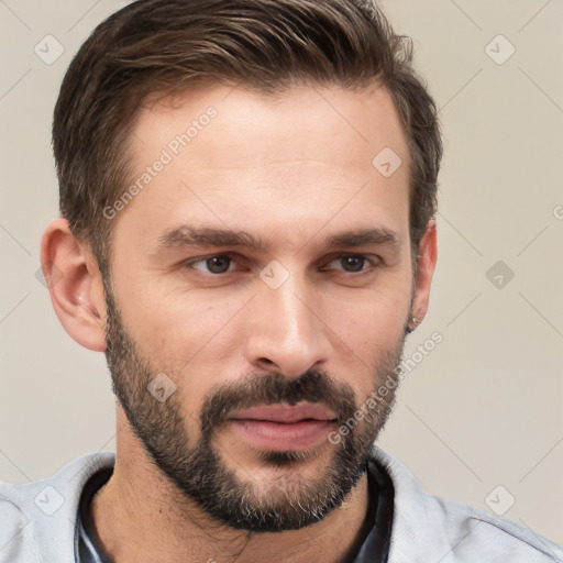 Neutral white young-adult male with short  brown hair and brown eyes