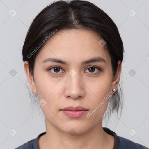 Neutral white young-adult female with medium  brown hair and brown eyes