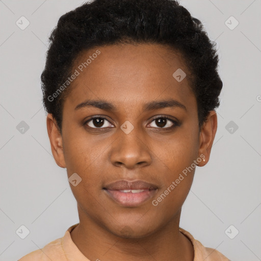 Neutral black young-adult female with short  brown hair and brown eyes