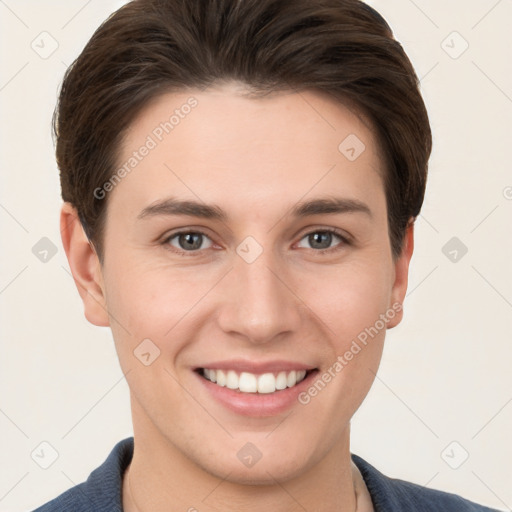 Joyful white young-adult female with short  brown hair and brown eyes