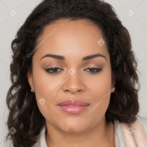 Joyful latino young-adult female with long  brown hair and brown eyes