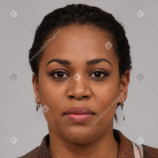 Joyful black young-adult female with short  black hair and brown eyes