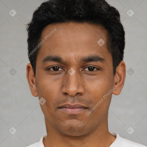 Neutral latino young-adult male with short  black hair and brown eyes