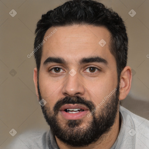 Neutral white young-adult male with short  black hair and brown eyes