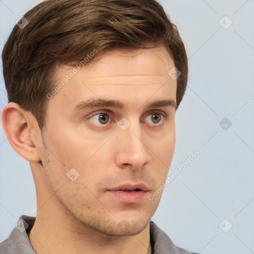 Neutral white young-adult male with short  brown hair and grey eyes