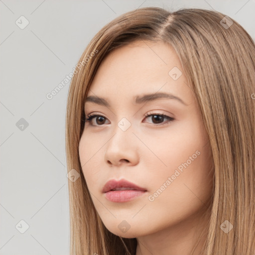 Neutral white young-adult female with long  brown hair and brown eyes