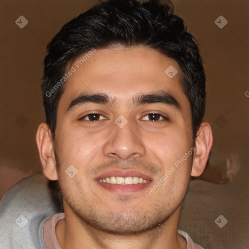 Joyful white young-adult male with short  black hair and brown eyes