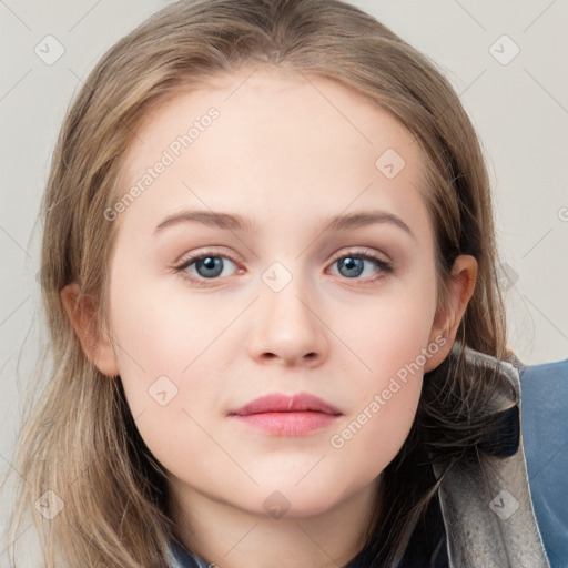 Neutral white young-adult female with medium  brown hair and grey eyes