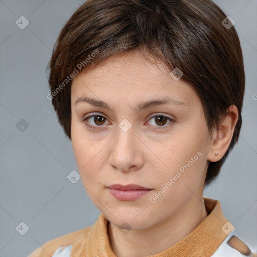 Neutral white young-adult female with medium  brown hair and brown eyes