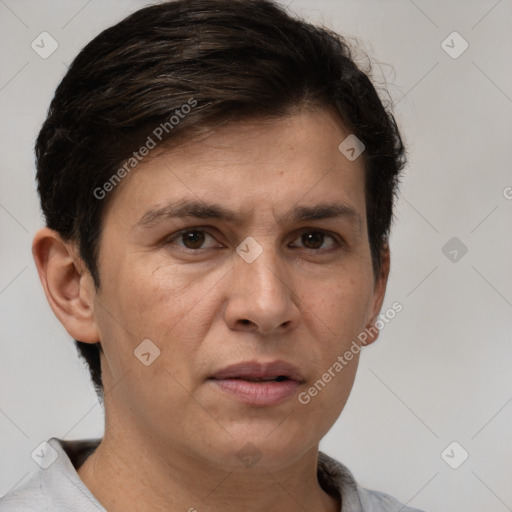 Neutral white adult male with short  brown hair and brown eyes