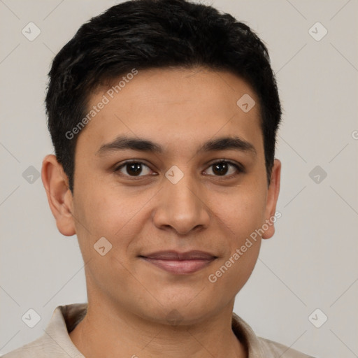 Joyful latino young-adult male with short  brown hair and brown eyes