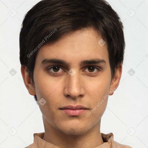 Neutral white young-adult male with short  brown hair and brown eyes