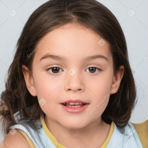 Joyful white child female with medium  brown hair and brown eyes