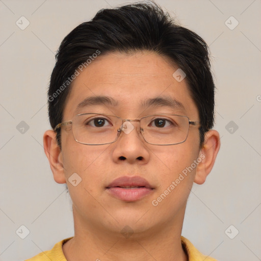 Neutral asian young-adult male with short  brown hair and brown eyes