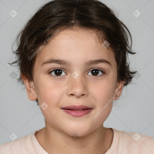 Joyful white child female with medium  brown hair and brown eyes