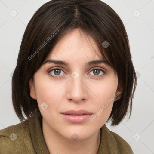 Neutral white young-adult female with medium  brown hair and brown eyes