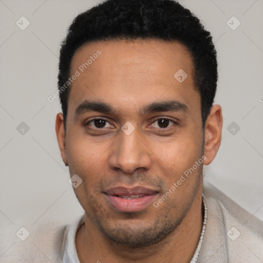 Neutral latino young-adult male with short  black hair and brown eyes