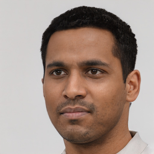 Neutral latino young-adult male with short  black hair and brown eyes