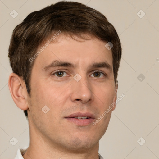 Neutral white young-adult male with short  brown hair and brown eyes