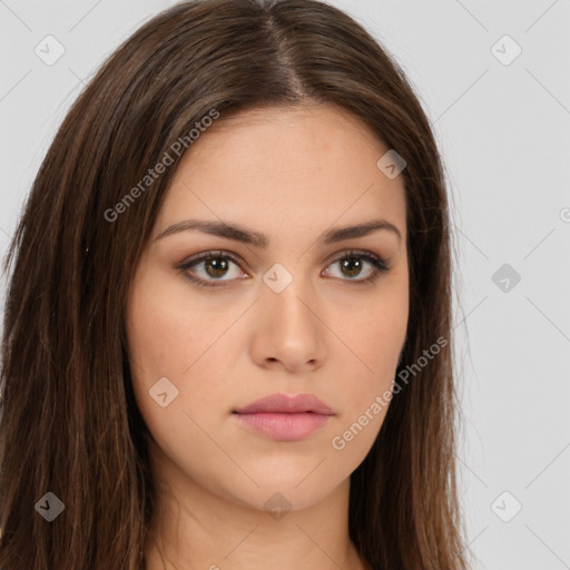 Neutral white young-adult female with long  brown hair and brown eyes