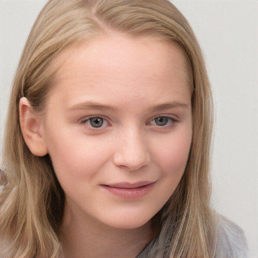 Joyful white child female with long  brown hair and grey eyes