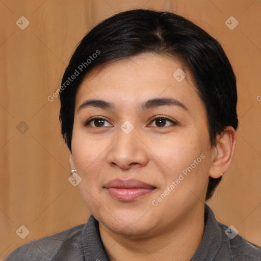 Joyful white young-adult female with medium  black hair and brown eyes