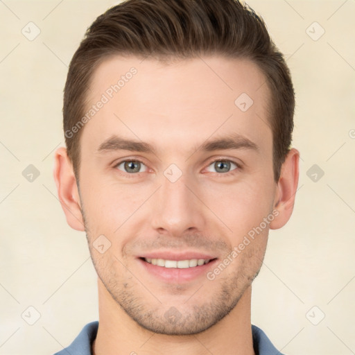 Joyful white young-adult male with short  brown hair and brown eyes