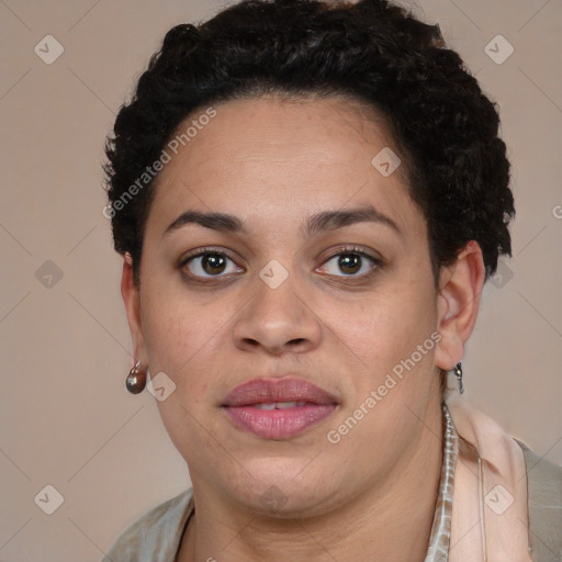 Joyful latino young-adult female with short  brown hair and brown eyes