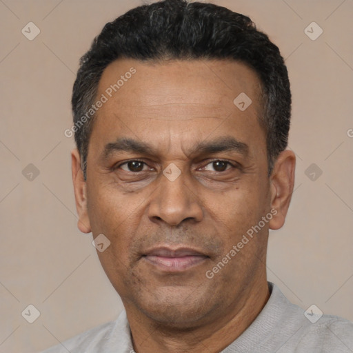 Neutral latino adult male with short  black hair and brown eyes