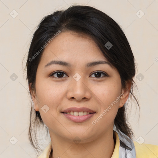 Joyful asian young-adult female with medium  brown hair and brown eyes