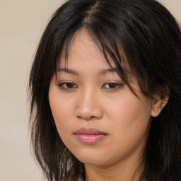 Neutral asian young-adult female with long  brown hair and brown eyes