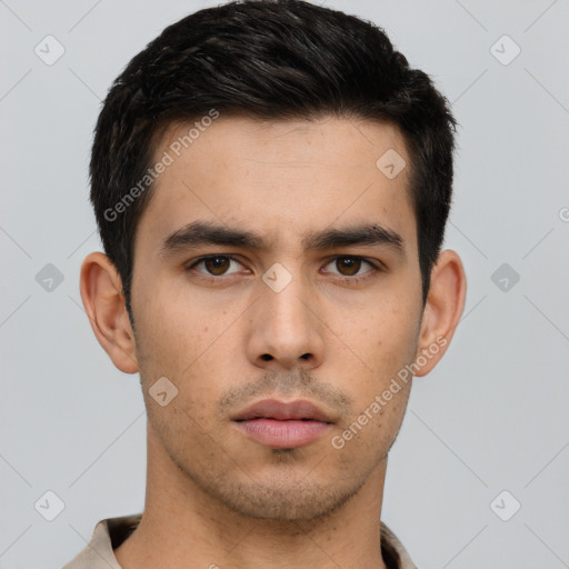 Neutral asian young-adult male with short  black hair and brown eyes