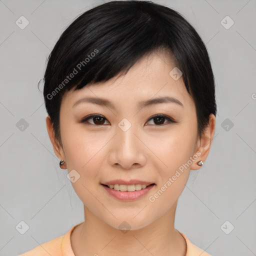 Joyful asian young-adult female with medium  brown hair and brown eyes