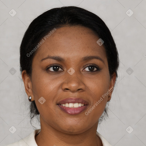 Joyful black young-adult female with medium  brown hair and brown eyes
