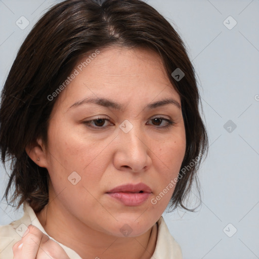 Neutral white young-adult female with medium  brown hair and brown eyes