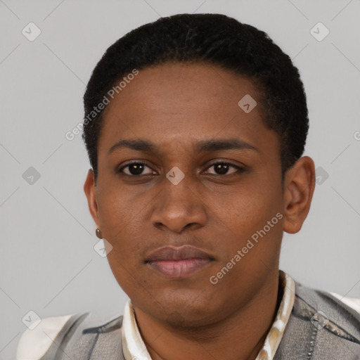 Neutral latino young-adult female with short  black hair and brown eyes