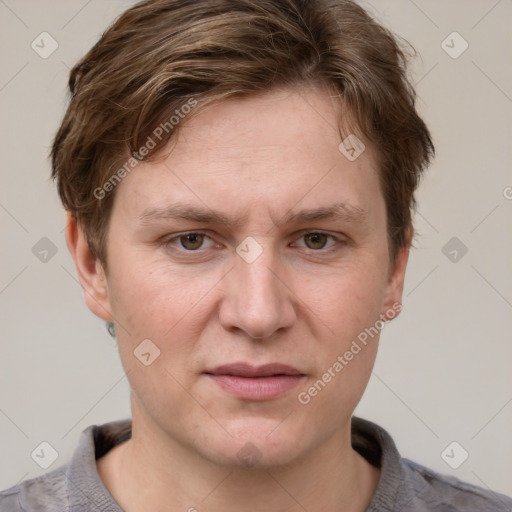 Joyful white adult female with short  brown hair and grey eyes