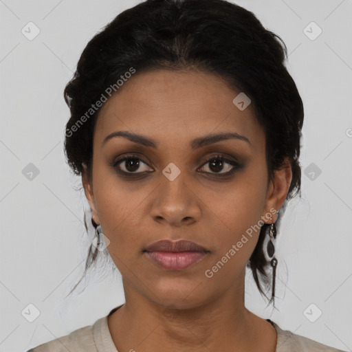 Neutral black young-adult female with short  black hair and brown eyes