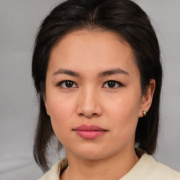 Neutral asian young-adult female with medium  brown hair and brown eyes