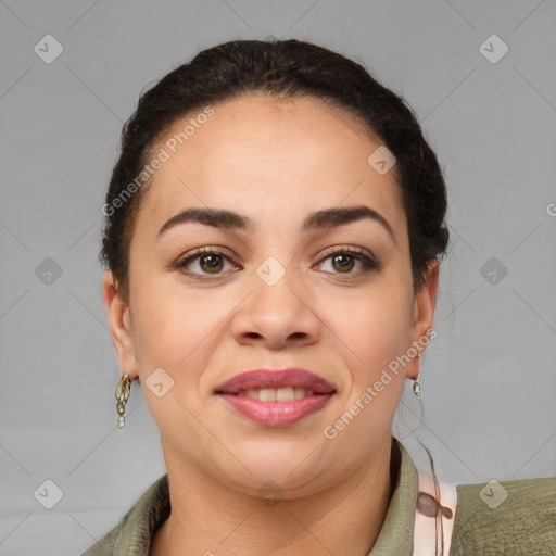 Joyful latino young-adult female with short  brown hair and brown eyes