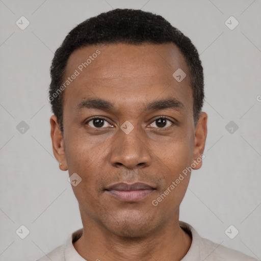 Neutral black young-adult male with short  black hair and brown eyes