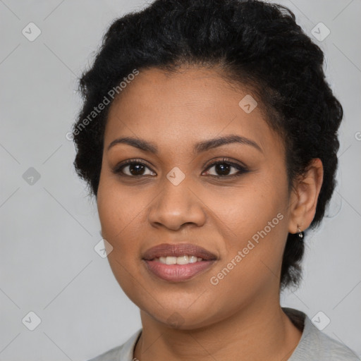 Joyful latino young-adult female with short  black hair and brown eyes